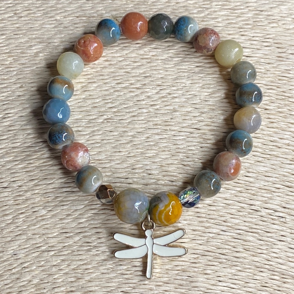 Stone beads stretchy bracelet dragonfly charm
